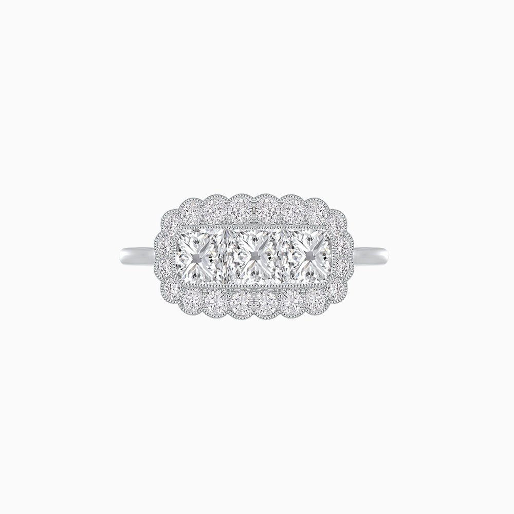 Vintage Inspired East-West Three-Stone Mosaic Halo Ring - Shahin Jewelry