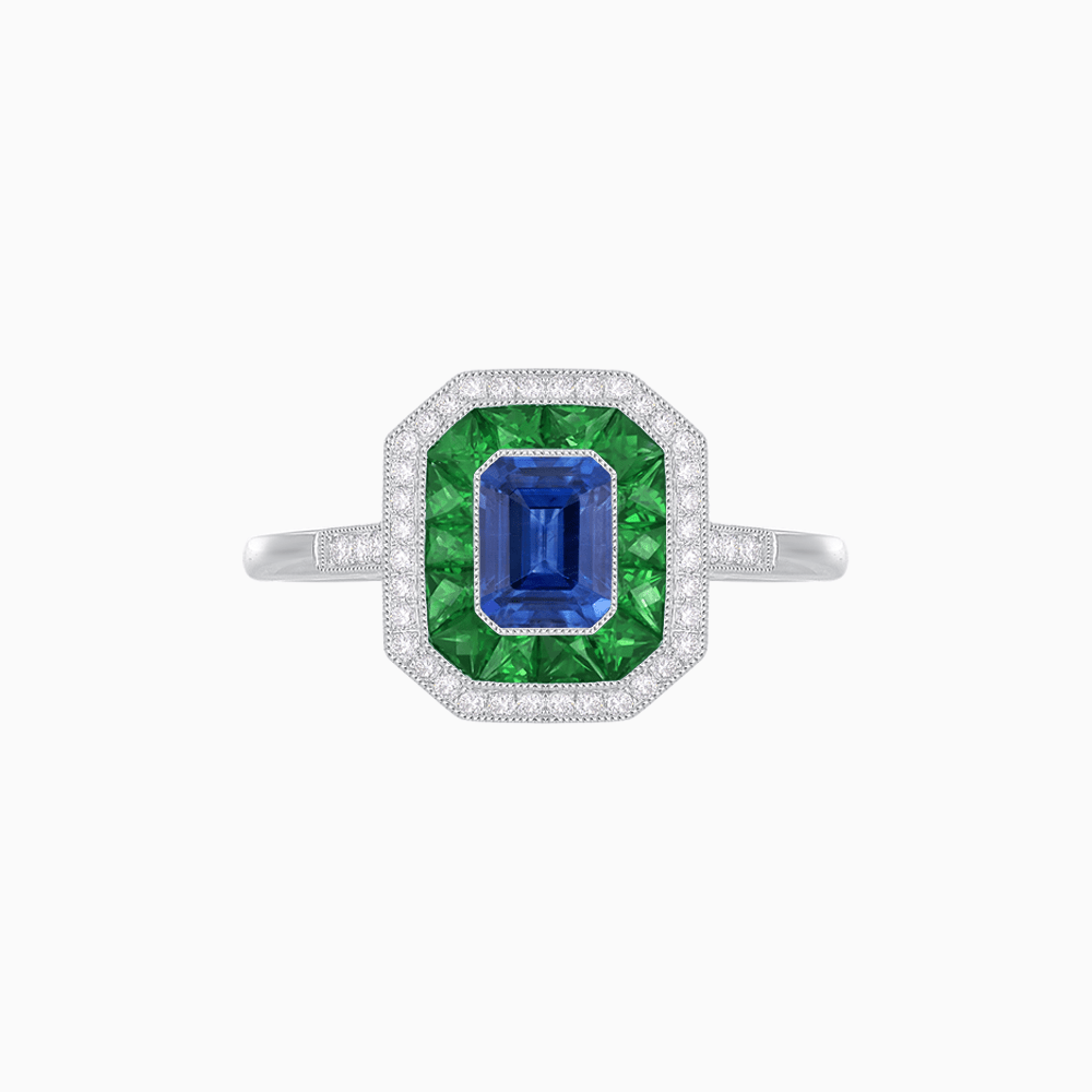 Vintage - Inspired Emerald Cut Double Halo Engagement Ring with Gemstone (Mounting) - Shahin Jewelry