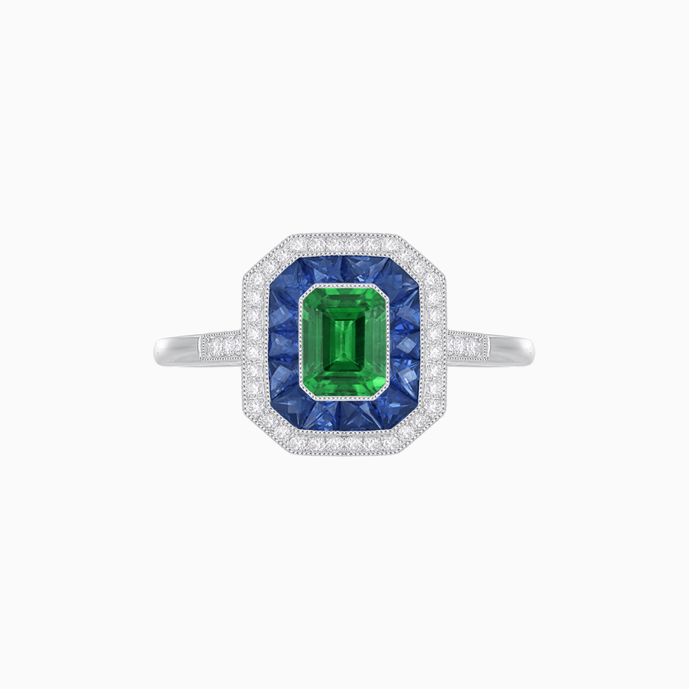 Vintage - Inspired Emerald Cut Double Halo Engagement Ring with Gemstone (Mounting) - Shahin Jewelry