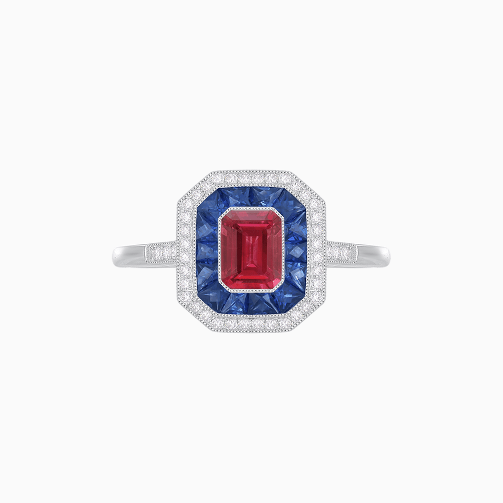 Vintage - Inspired Emerald Cut Double Halo Engagement Ring with Gemstone (Mounting) - Shahin Jewelry