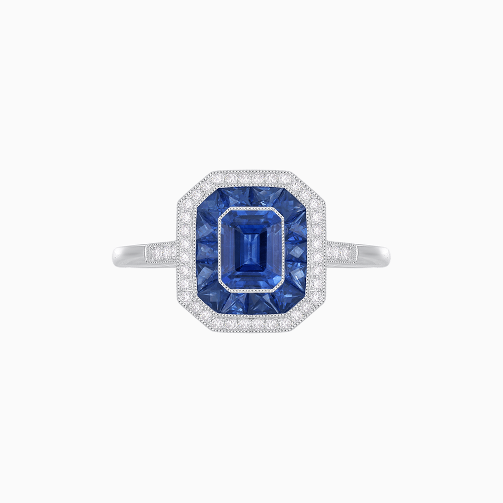 Vintage - Inspired Emerald Cut Double Halo Engagement Ring with Gemstone (Mounting) - Shahin Jewelry