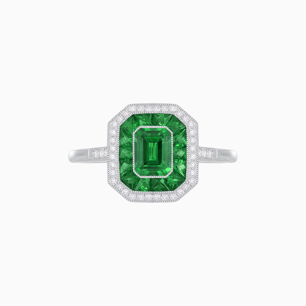 Vintage - Inspired Emerald Cut Double Halo Engagement Ring with Gemstone (Mounting) - Shahin Jewelry