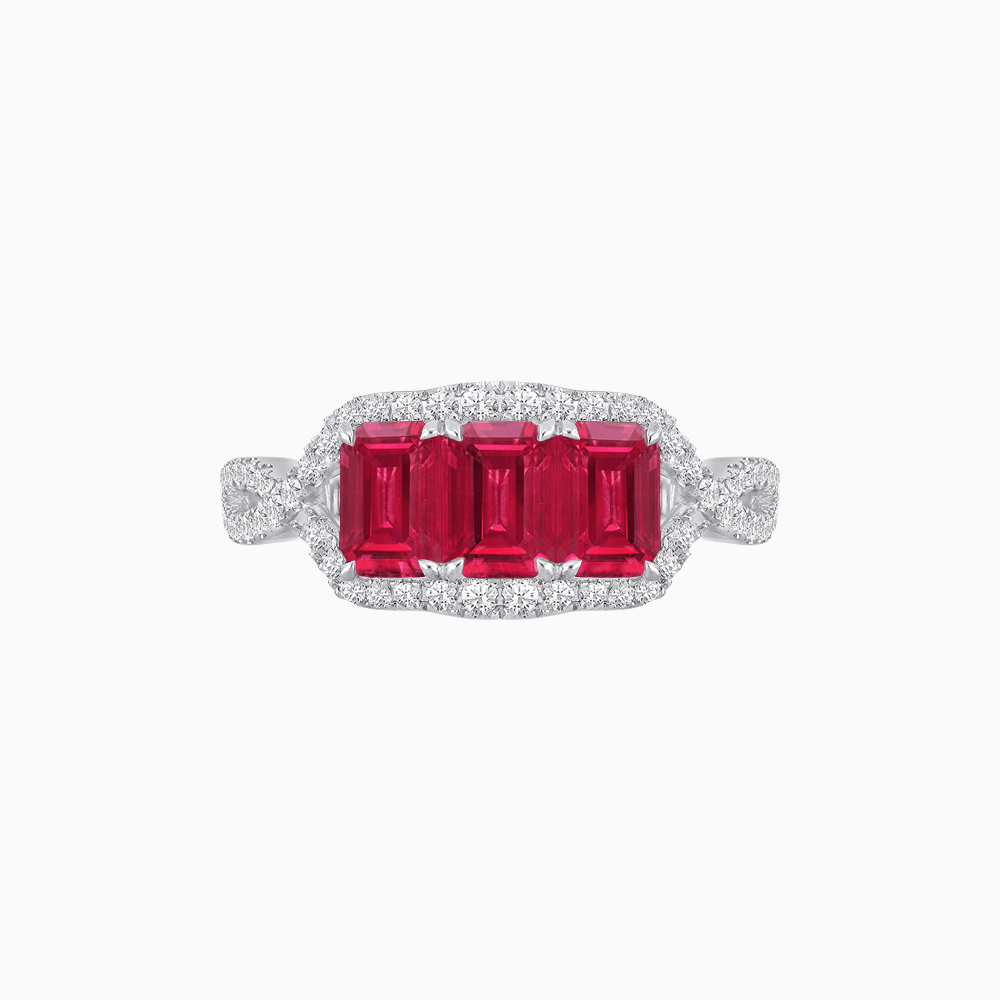 Vintage Inspired Emerald Cut Three-Stone Diamond Halo Ring - Shahin Jewelry