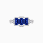 Load image into Gallery viewer, Vintage Inspired Emerald Cut Three-Stone Diamond Halo Ring - Shahin Jewelry