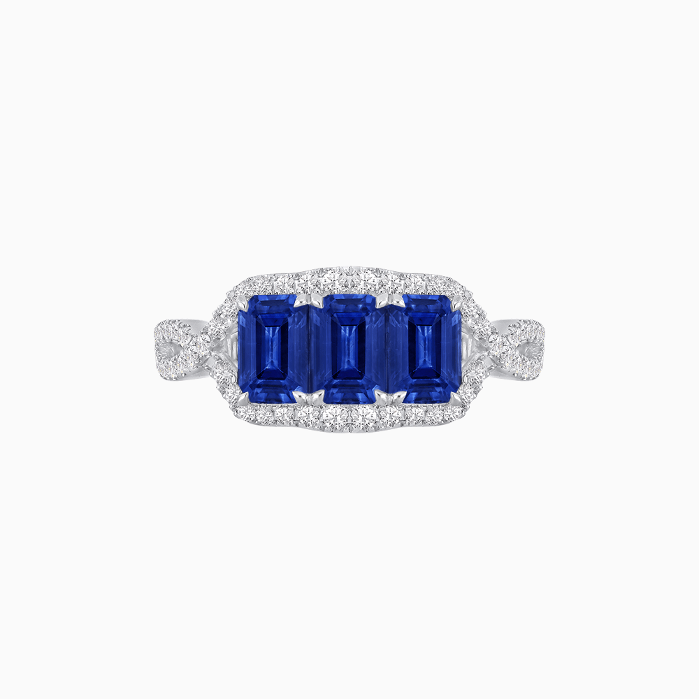 Vintage Inspired Emerald Cut Three-Stone Diamond Halo Ring - Shahin Jewelry