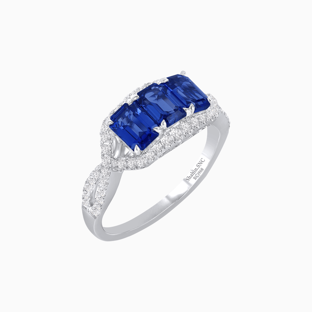 Vintage Inspired Emerald Cut Three-Stone Diamond Halo Ring - Shahin Jewelry