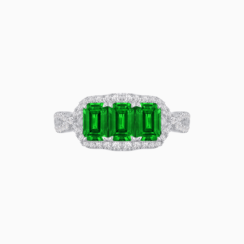 Vintage Inspired Emerald Cut Three-Stone Diamond Halo Ring - Shahin Jewelry