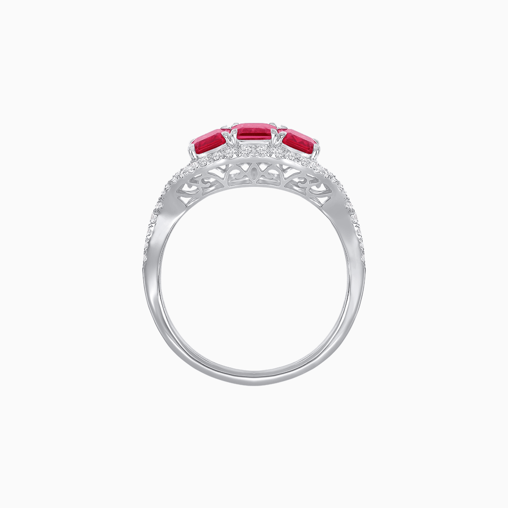 Vintage Inspired Emerald Cut Three-Stone Diamond Halo Ring - Shahin Jewelry