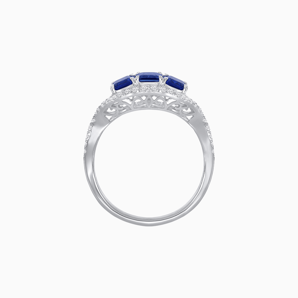 Vintage Inspired Emerald Cut Three-Stone Diamond Halo Ring - Shahin Jewelry