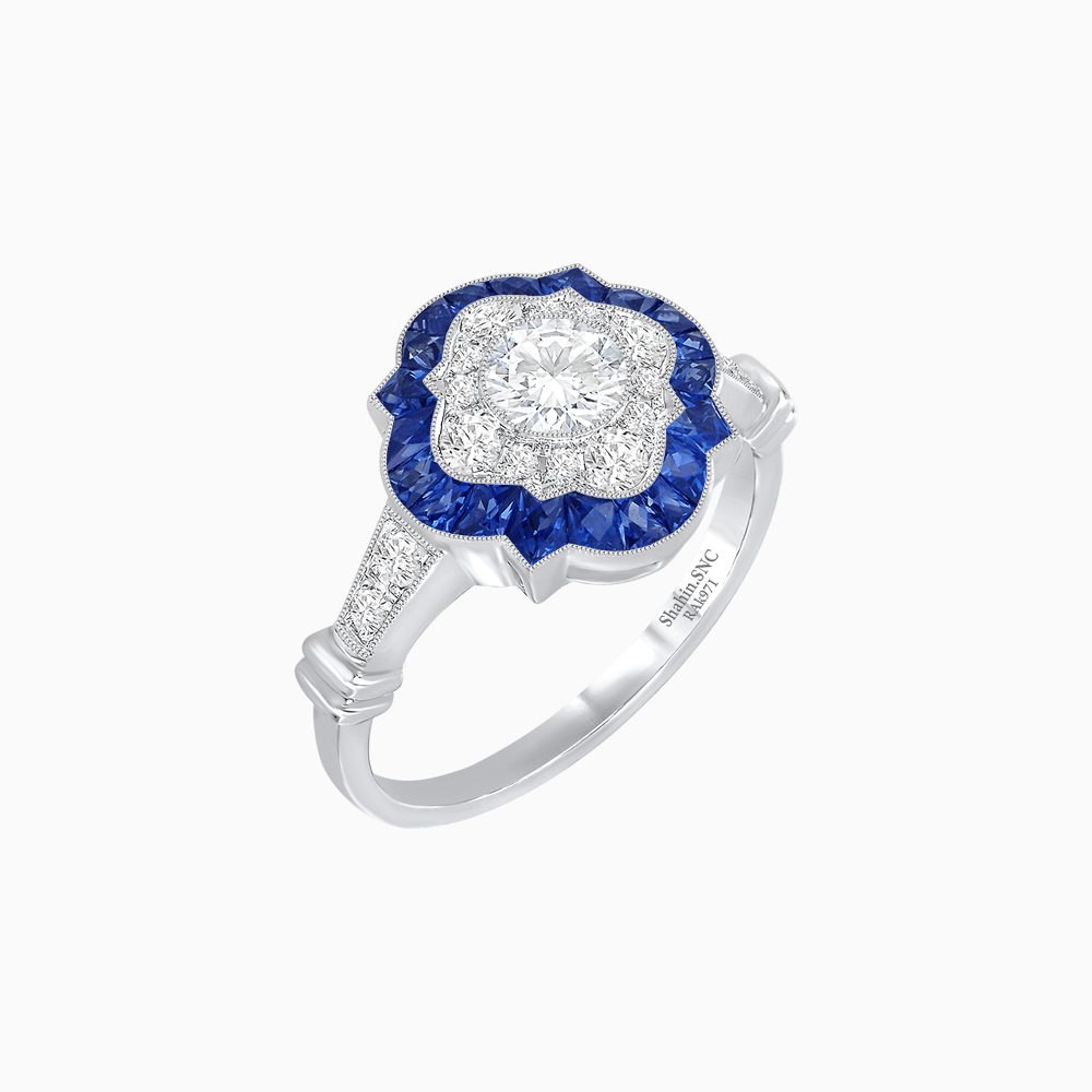 Vintage Inspired Floral Halo Round Cut Engagement Ring - Shahin Jewelry