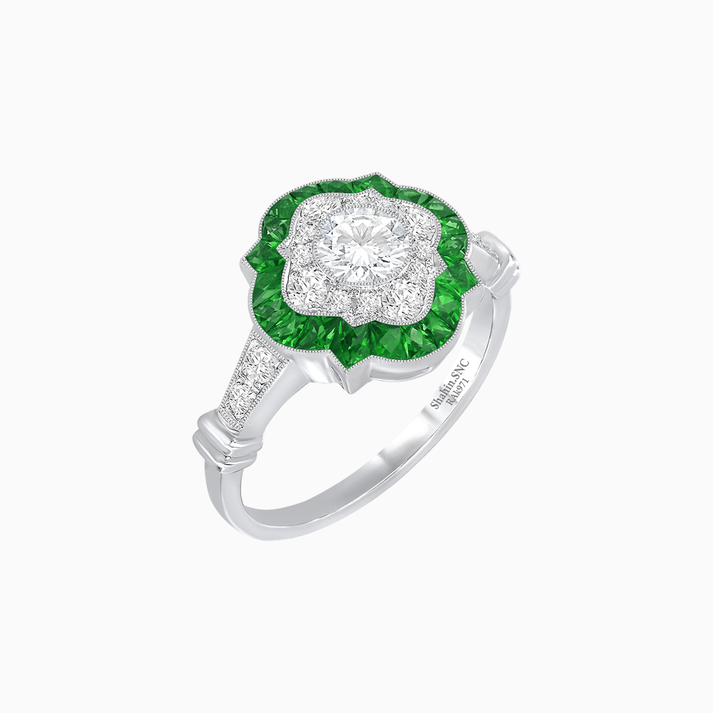 Vintage Inspired Floral Halo Round Cut Engagement Ring - Shahin Jewelry