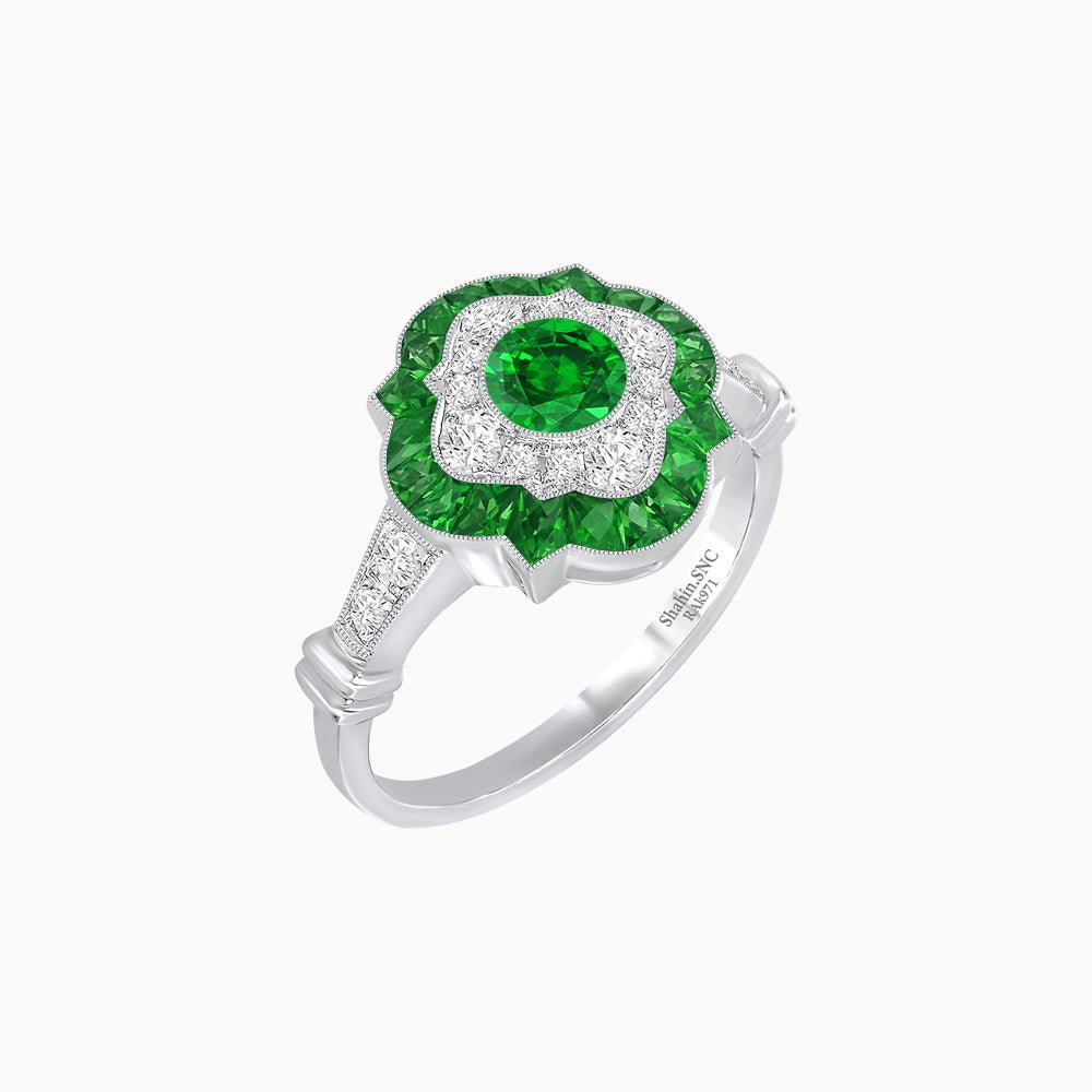 Vintage Inspired Floral Halo Round Cut Engagement Ring - Shahin Jewelry