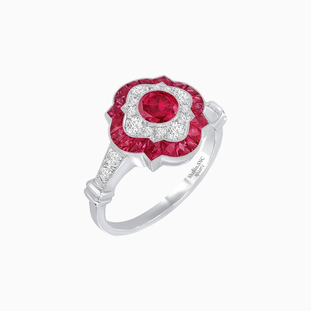 Vintage Inspired Floral Halo Round Cut Engagement Ring - Shahin Jewelry