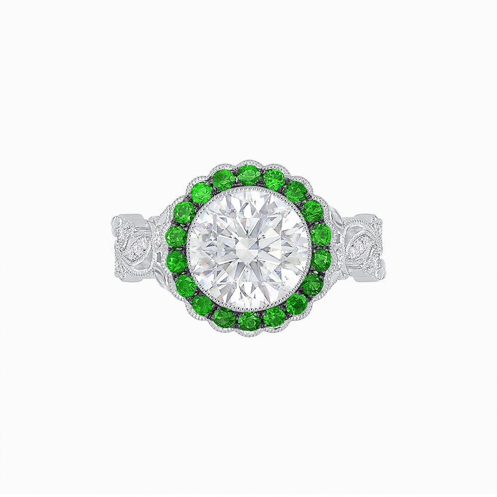 Vintage Inspired Halo Diamond Engagement Ring with Floral Shank - Shahin Jewelry