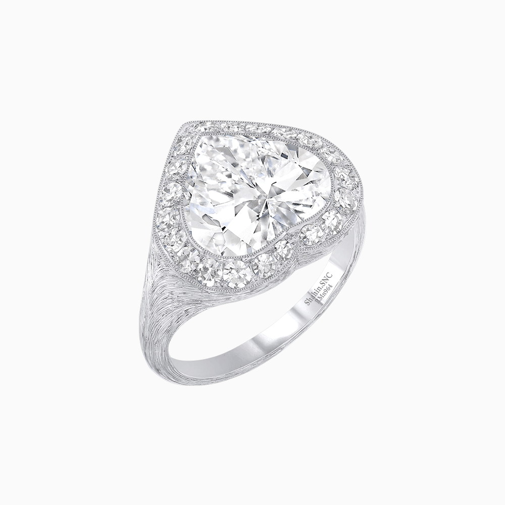 Vintage Inspired Heart Halo Ring with Textured Shank - Shahin Jewelry