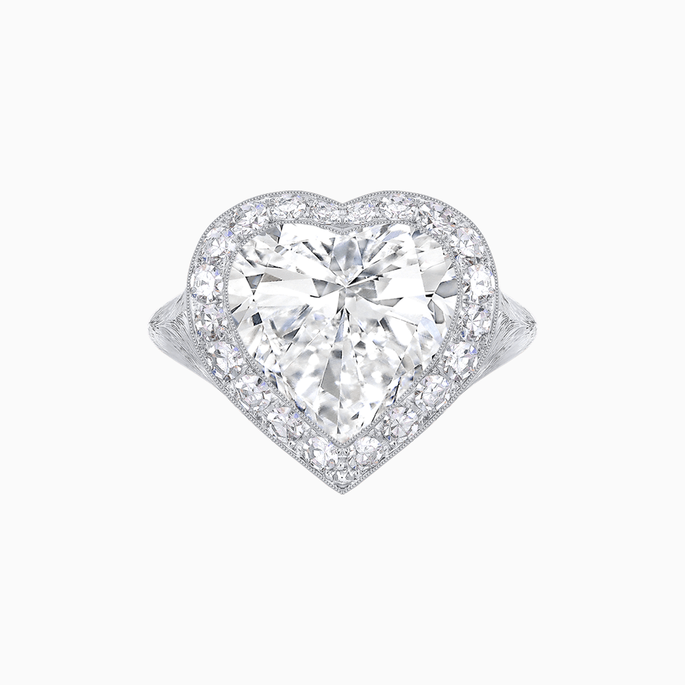 Vintage Inspired Heart Halo Ring with Textured Shank - Shahin Jewelry