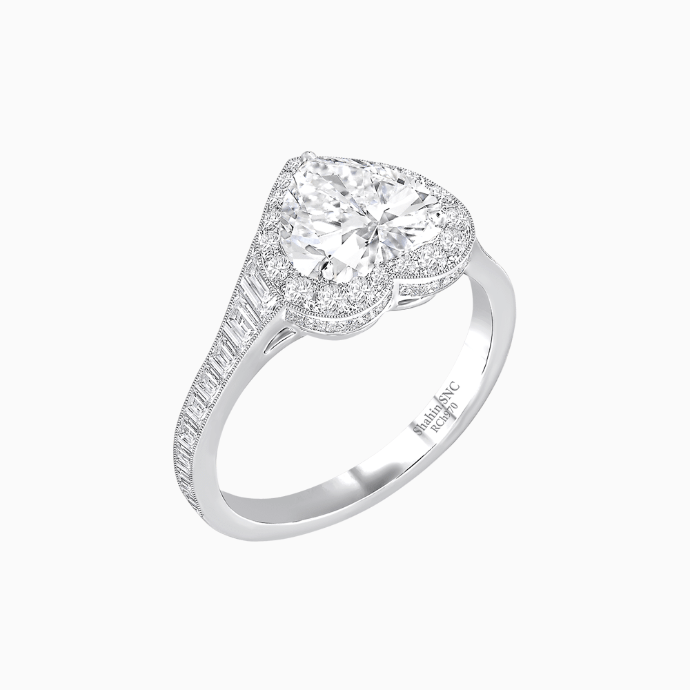 Vintage Inspired Heart Shape Halo Ring with Baguette Diamonds - Shahin Jewelry