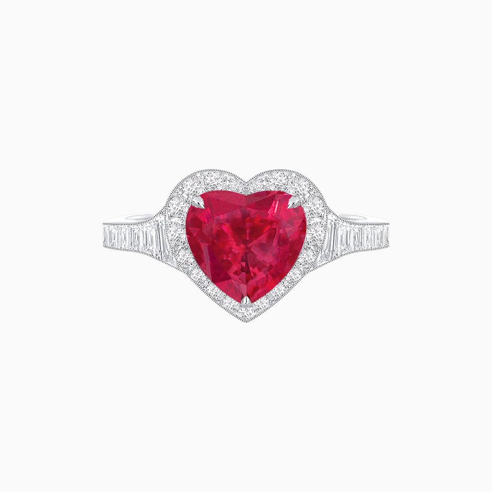 Vintage Inspired Heart Shape Halo Ring with Baguette Diamonds - Shahin Jewelry