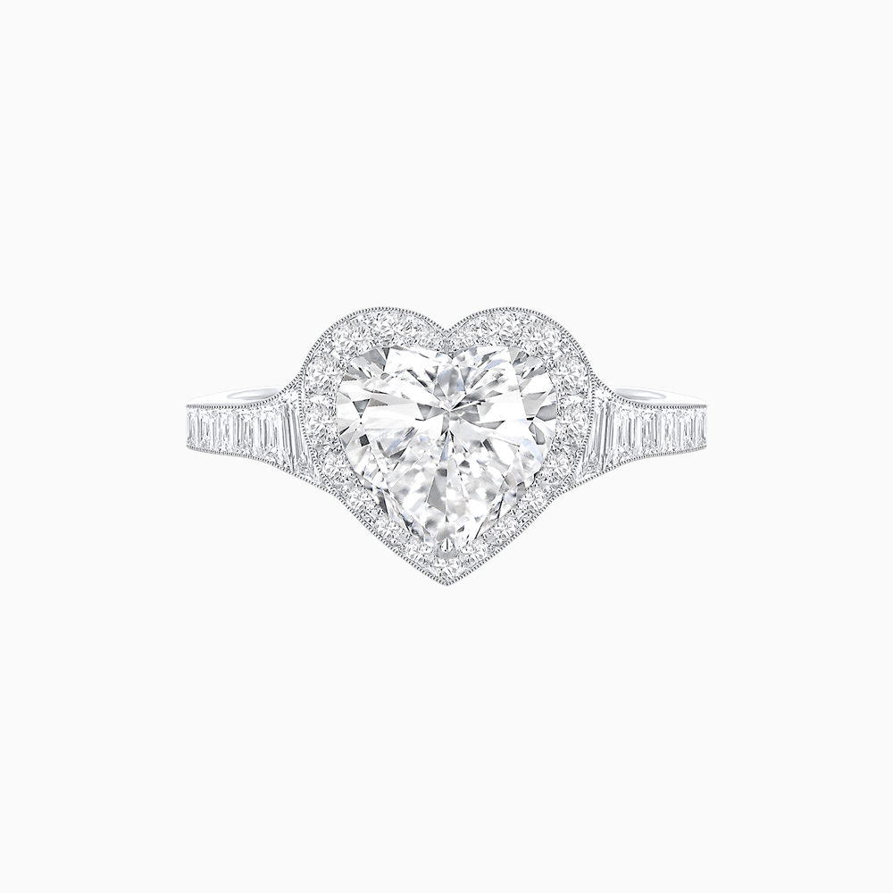 Vintage Inspired Heart Shape Halo Ring with Baguette Diamonds - Shahin Jewelry