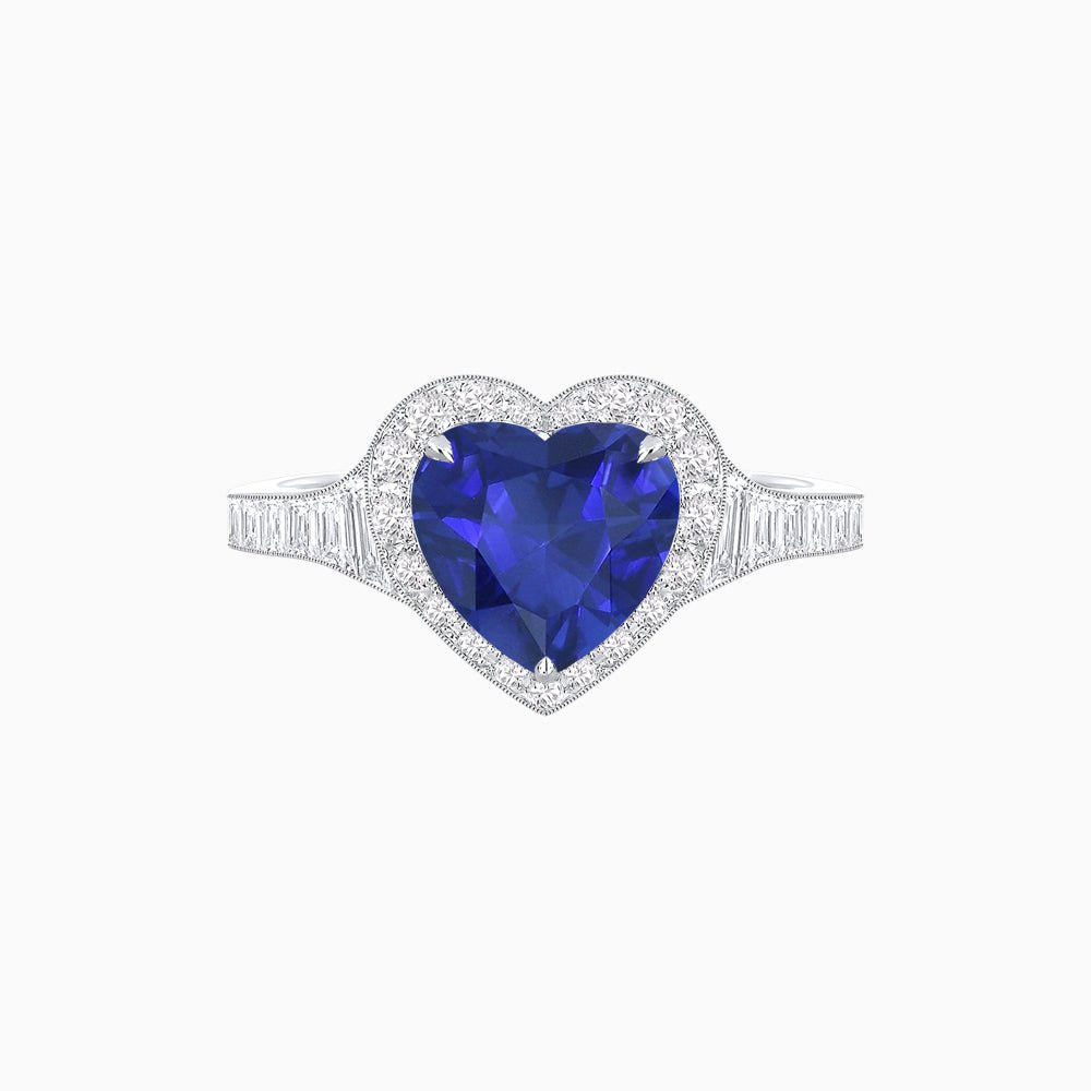 Vintage Inspired Heart Shape Halo Ring with Baguette Diamonds - Shahin Jewelry