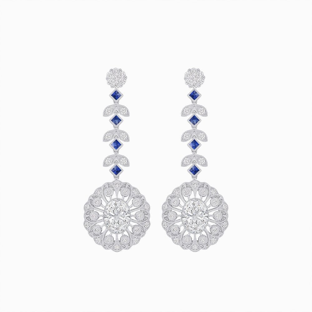 Vintage Inspired Leaf Motif Blue Sapphire Diamond Drop Earrings - Shahin Jewelry