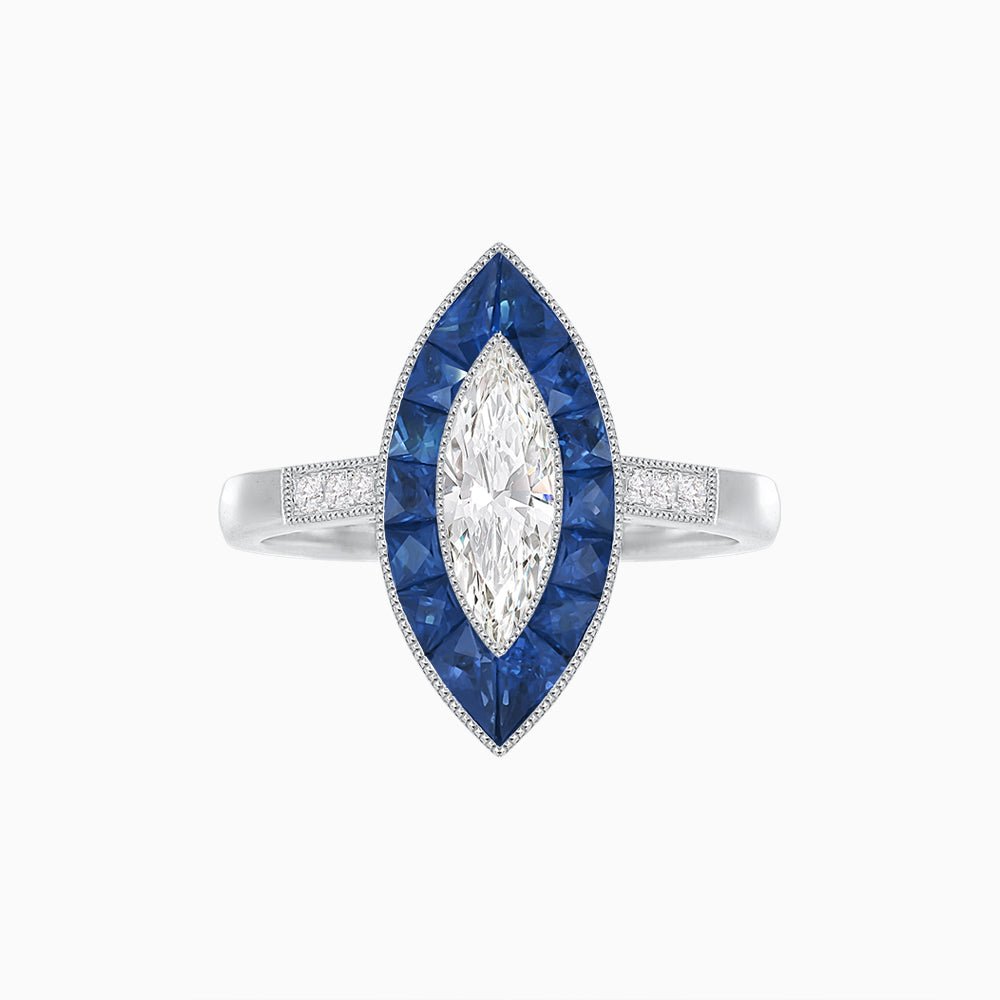 Vintage - Inspired Marquise Cut Ring Mounting with French - Cut Gemstone Halo - Shahin Jewelry