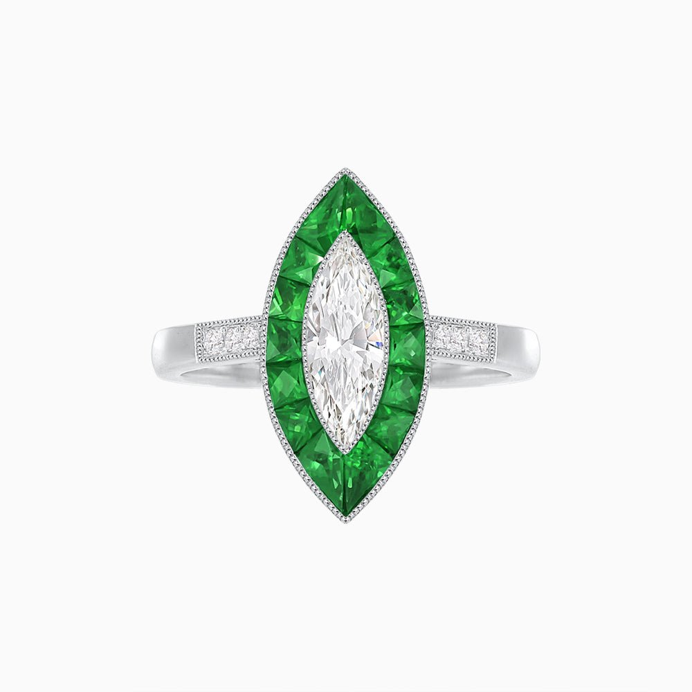 Vintage - Inspired Marquise Cut Ring Mounting with French - Cut Gemstone Halo - Shahin Jewelry
