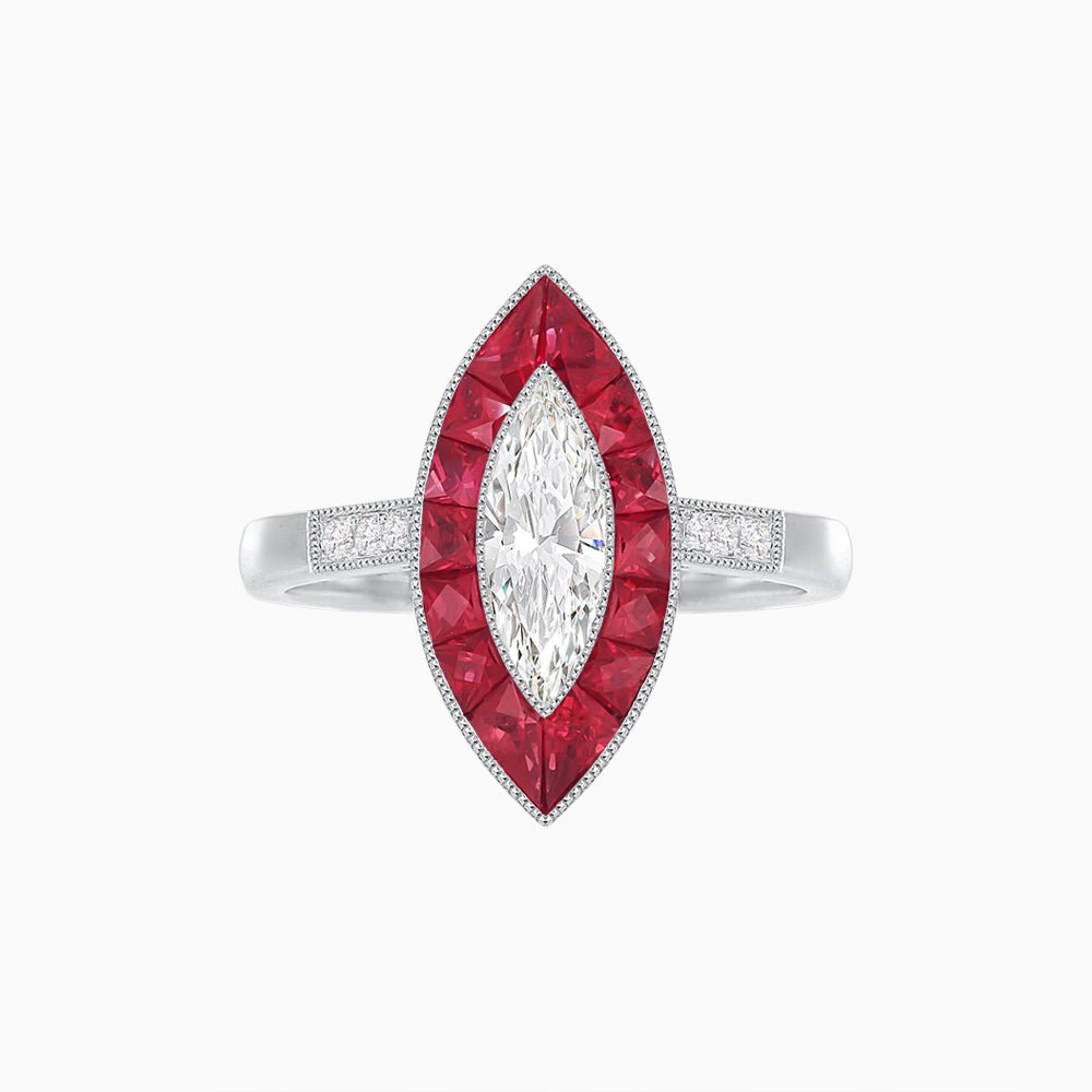 Vintage - Inspired Marquise Cut Ring Mounting with French - Cut Gemstone Halo - Shahin Jewelry