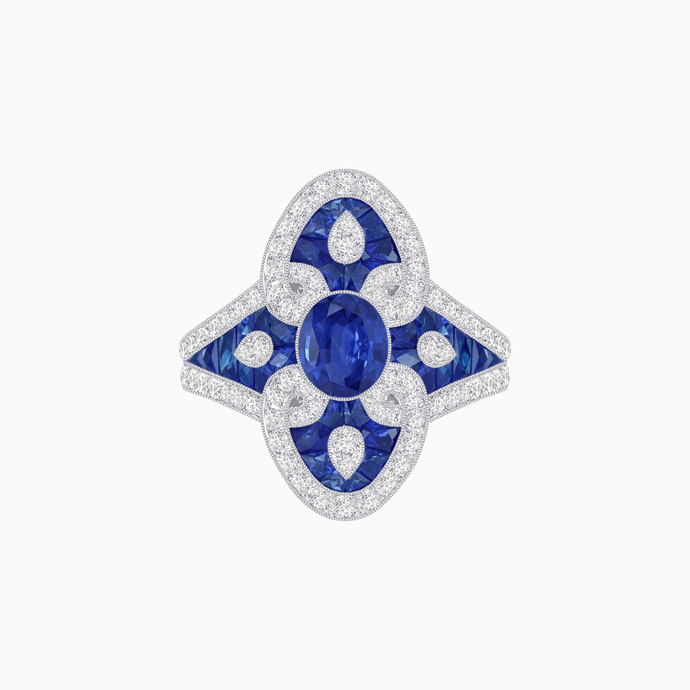 Vintage - Inspired Oval Center Mounting Ring with Intricate Gemstone Inlay - Shahin Jewelry