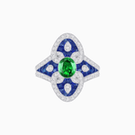 Load image into Gallery viewer, Vintage - Inspired Oval Center Mounting Ring with Intricate Gemstone Inlay - Shahin Jewelry
