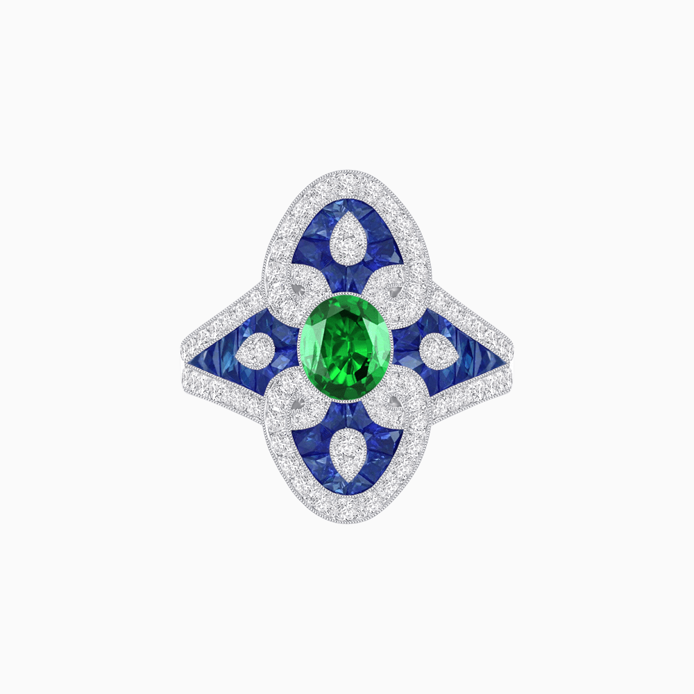 Vintage - Inspired Oval Center Mounting Ring with Intricate Gemstone Inlay - Shahin Jewelry