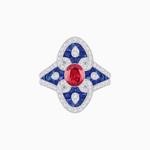 Load image into Gallery viewer, Vintage - Inspired Oval Center Mounting Ring with Intricate Gemstone Inlay - Shahin Jewelry
