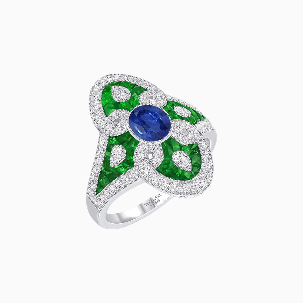 Vintage - Inspired Oval Center Mounting Ring with Intricate Gemstone Inlay - Shahin Jewelry