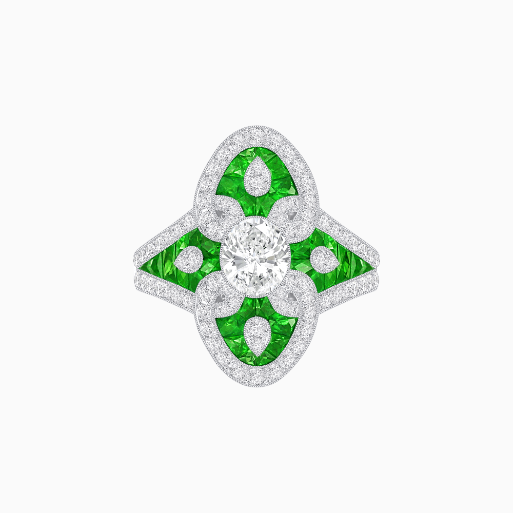 Vintage - Inspired Oval Center Mounting Ring with Intricate Gemstone Inlay - Shahin Jewelry