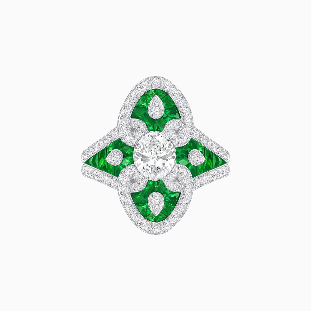 Vintage - Inspired Oval Center Mounting Ring with Intricate Gemstone Inlay - Shahin Jewelry