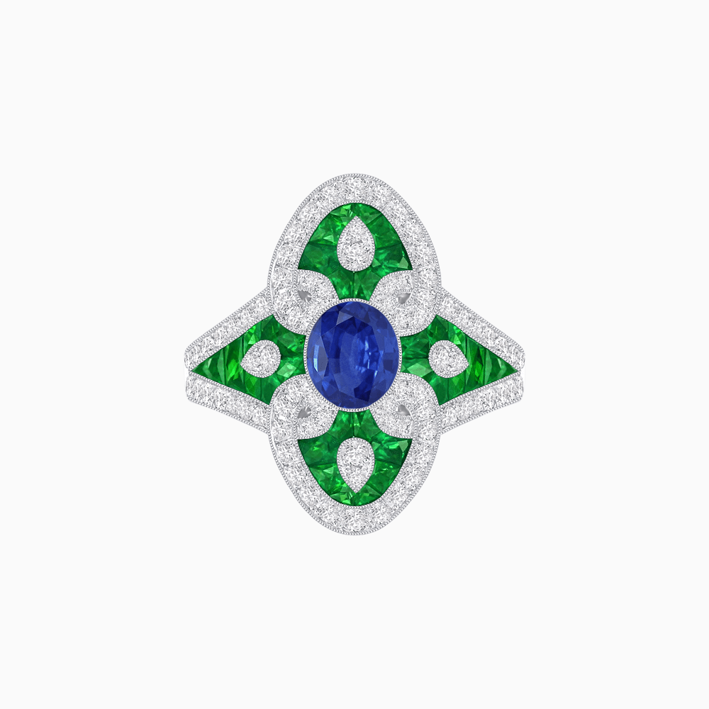 Vintage - Inspired Oval Center Mounting Ring with Intricate Gemstone Inlay - Shahin Jewelry