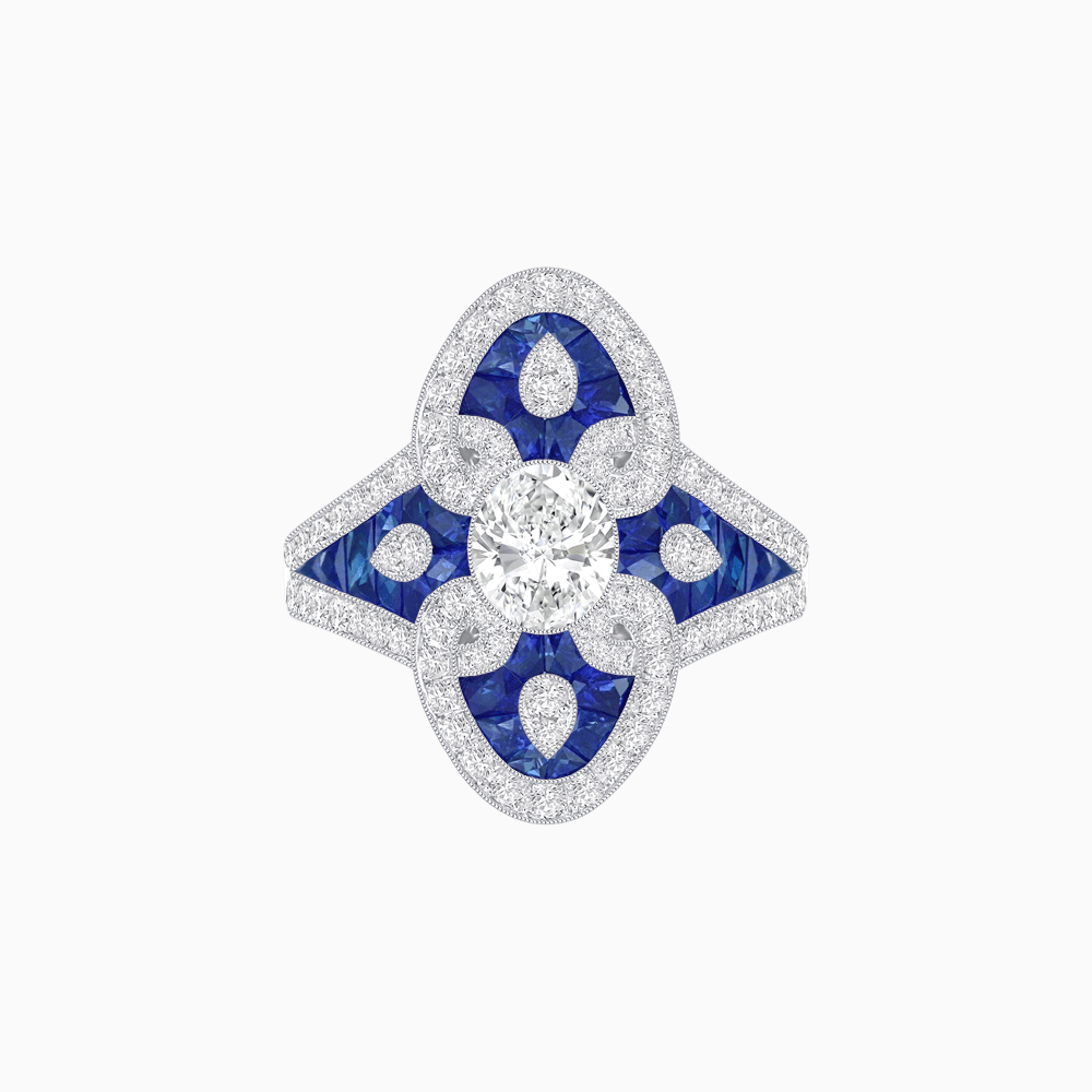 Vintage - Inspired Oval Center Mounting Ring with Intricate Gemstone Inlay - Shahin Jewelry