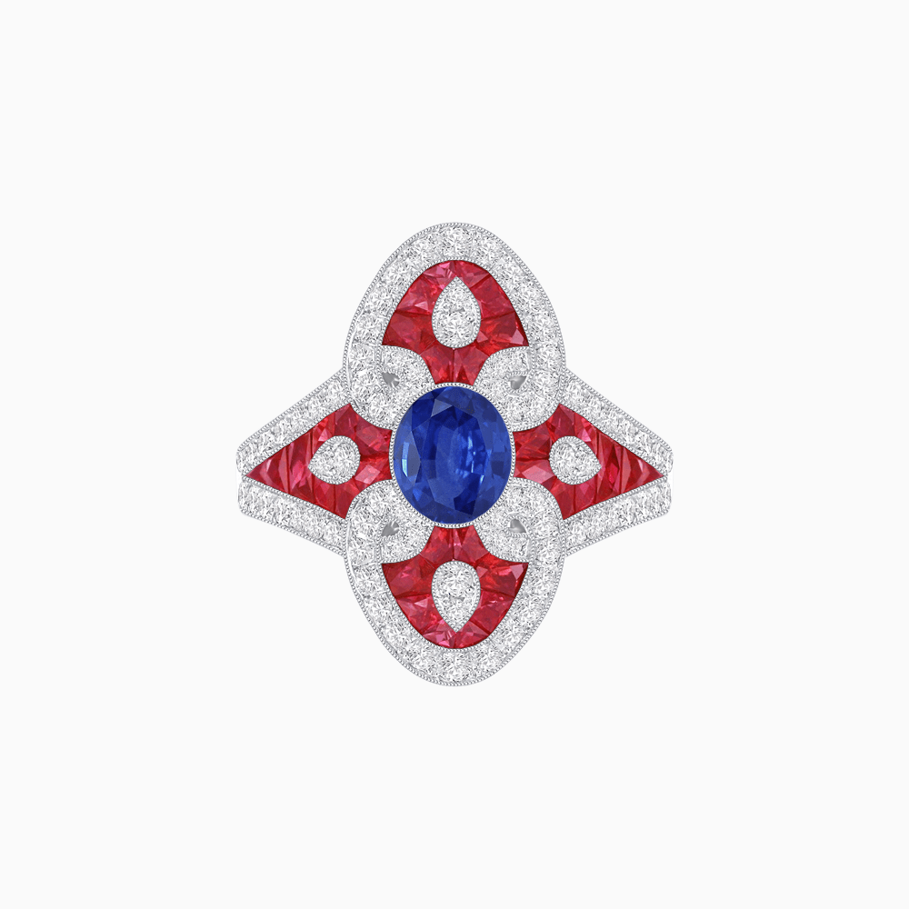 Vintage - Inspired Oval Center Mounting Ring with Intricate Gemstone Inlay - Shahin Jewelry