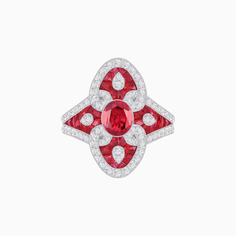 Vintage - Inspired Oval Center Mounting Ring with Intricate Gemstone Inlay - Shahin Jewelry