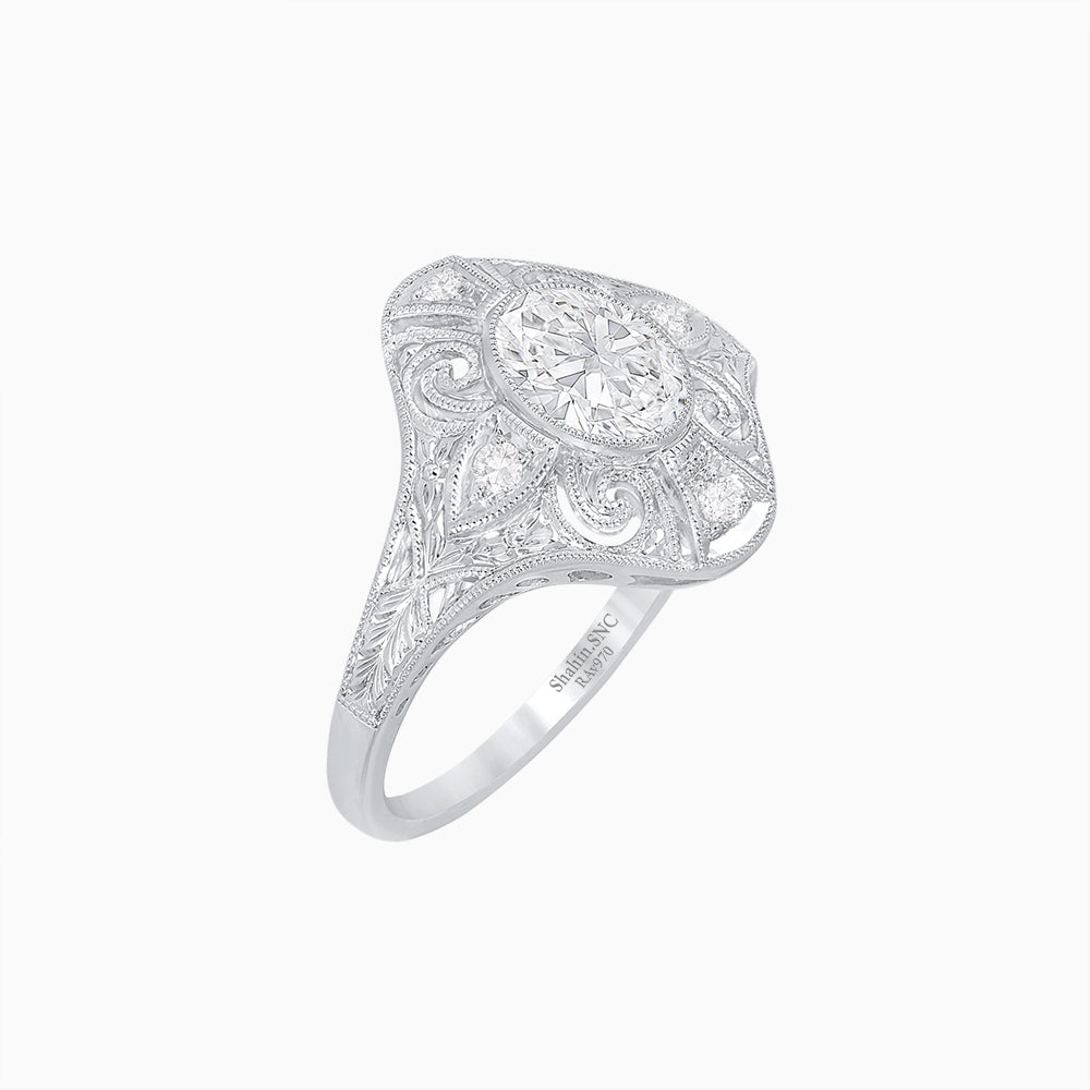 Vintage - Inspired Oval Cut Ring Mounting with Filigree Detailing - Shahin Jewelry