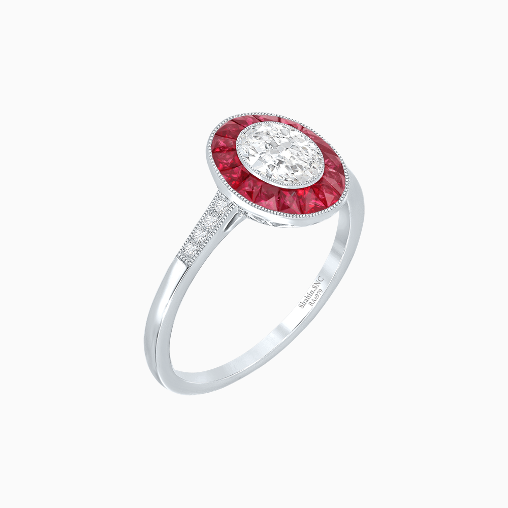 Vintage - Inspired Oval Cut Ring with French - Cut Gemstone Halo - Shahin Jewelry