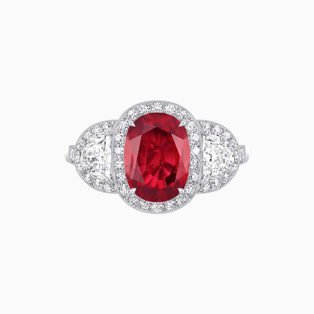 Vintage Inspired Oval Cut Three-Stone Halo Ring - Shahin Jewelry