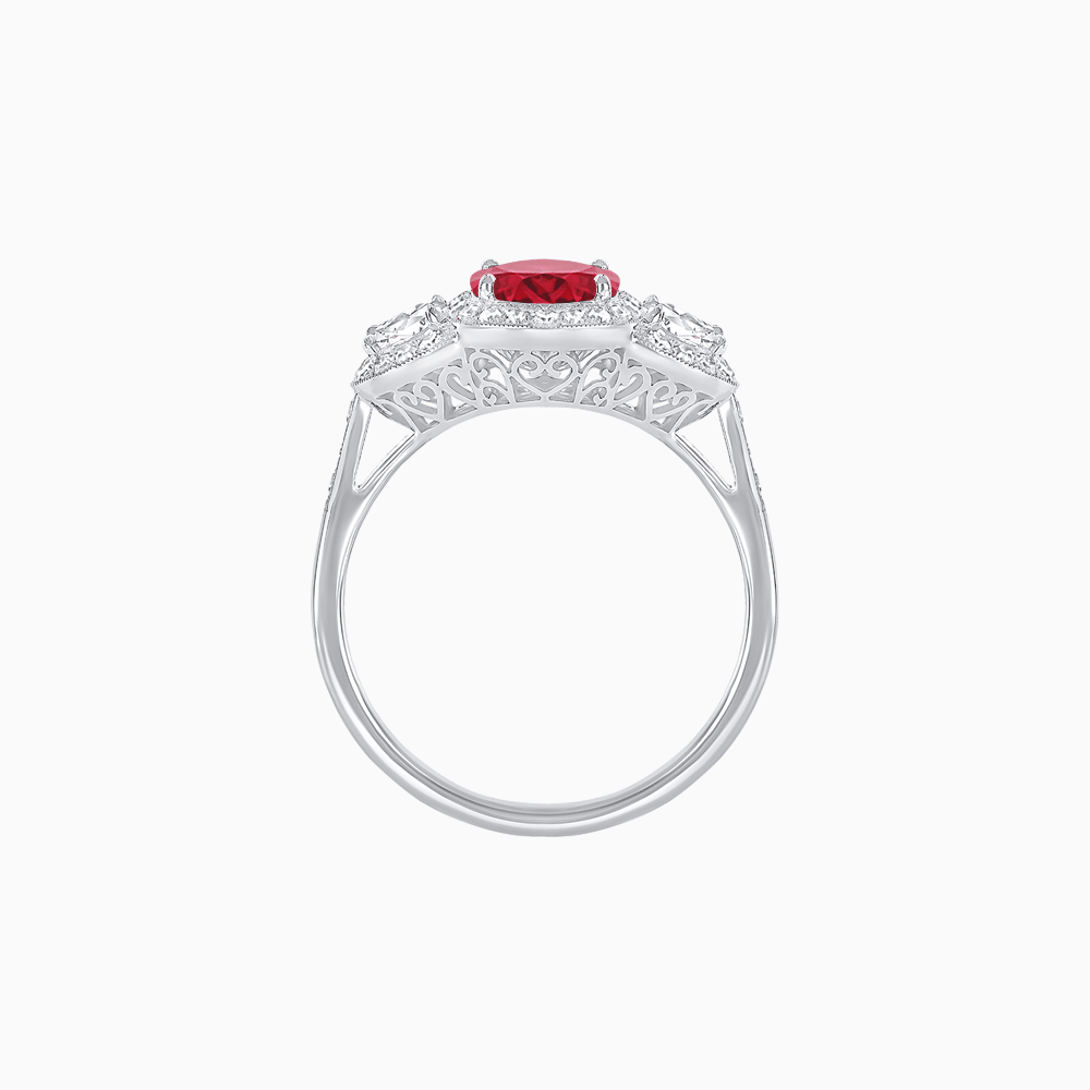 Vintage Inspired Oval Cut Three-Stone Halo Ring - Shahin Jewelry