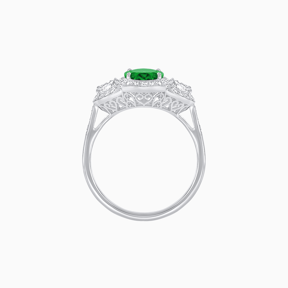 Vintage Inspired Oval Cut Three-Stone Halo Ring - Shahin Jewelry