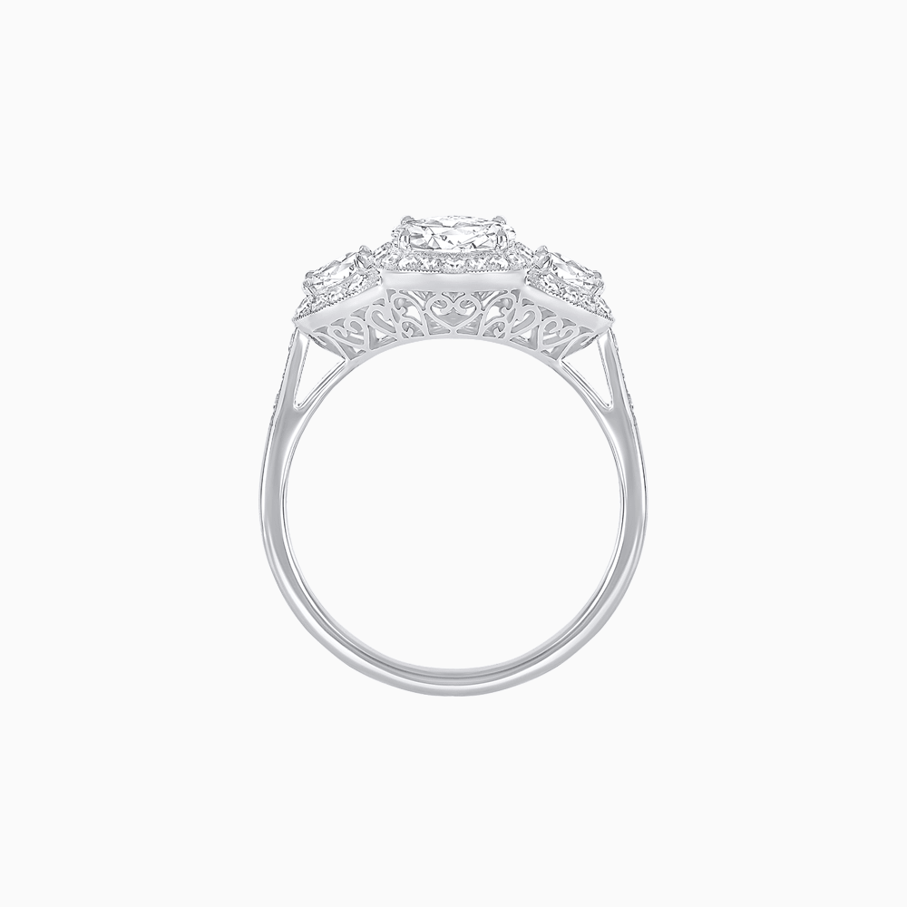 Vintage Inspired Oval Cut Three-Stone Halo Ring - Shahin Jewelry