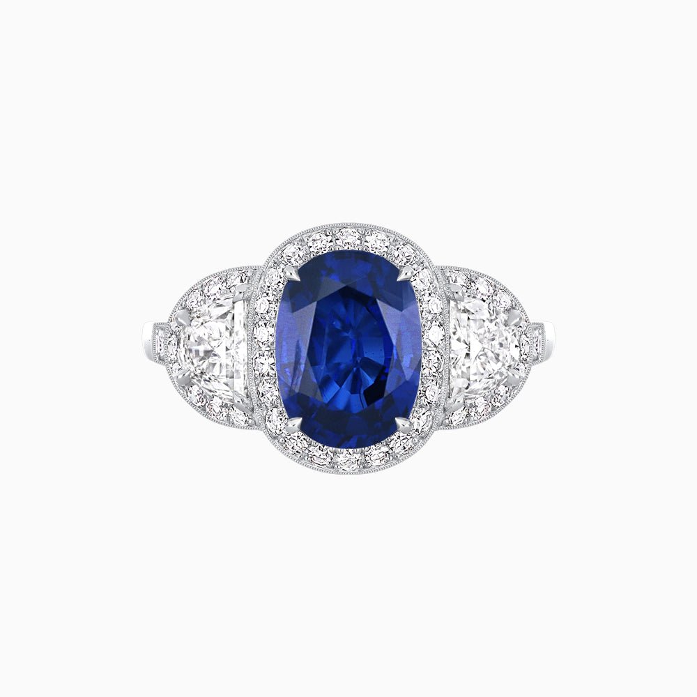 Vintage Inspired Oval Cut Three-Stone Halo Ring - Shahin Jewelry