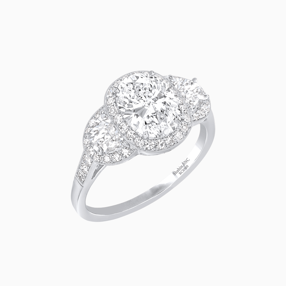 Vintage Inspired Oval Cut Three-Stone Halo Ring - Shahin Jewelry