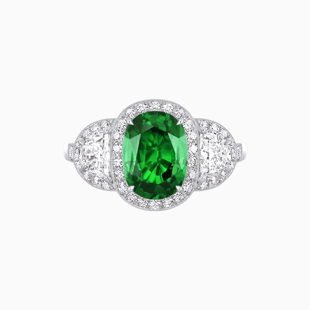 Vintage Inspired Oval Cut Three-Stone Halo Ring - Shahin Jewelry