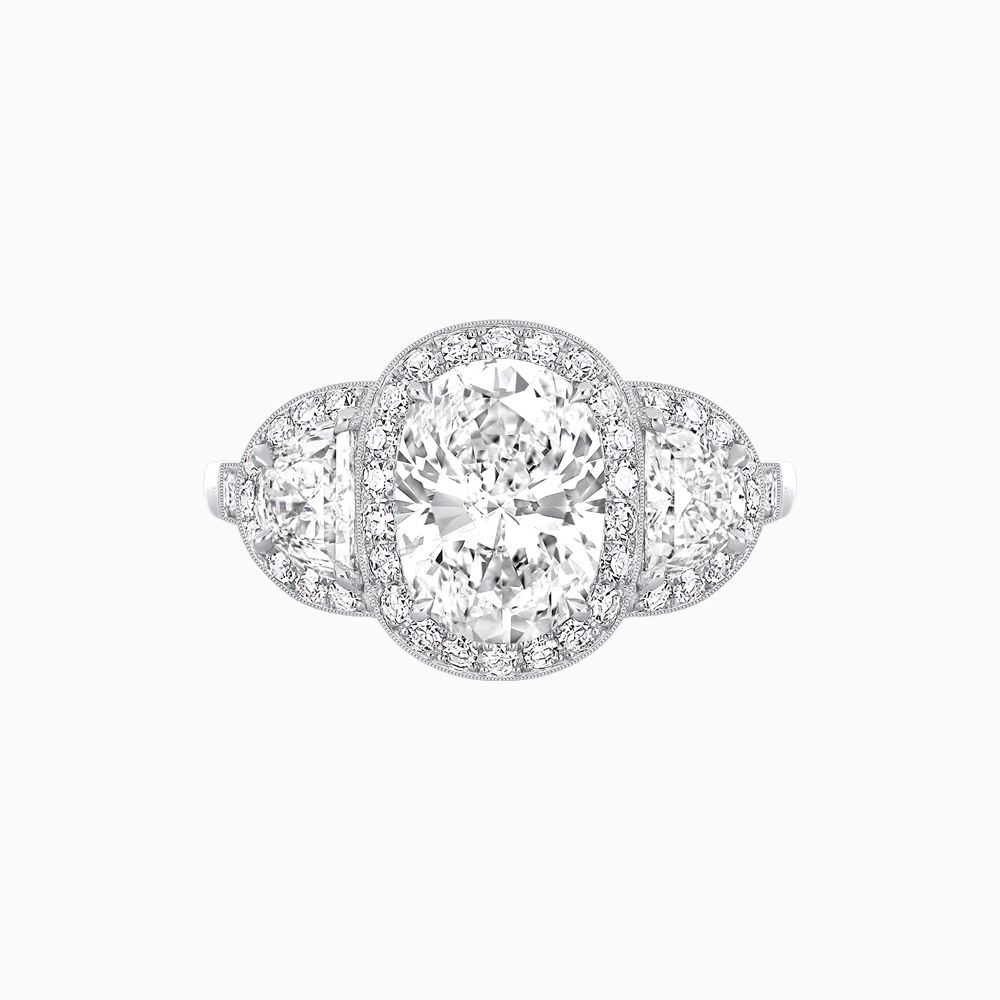 Vintage Inspired Oval Cut Three-Stone Halo Ring - Shahin Jewelry