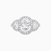 Vintage Inspired Oval Cut Three-Stone Halo Ring - Shahin Jewelry